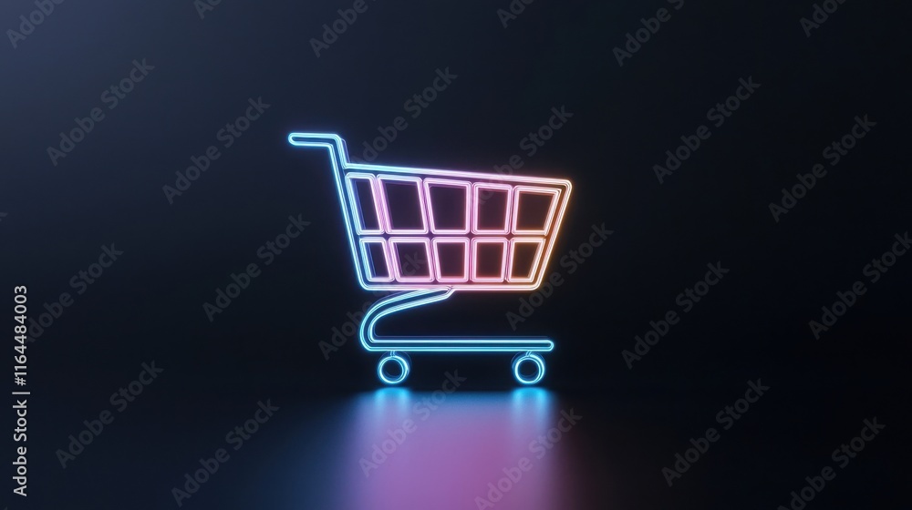 Poster a sleek animation-style scene of a shopping cart icon filling with colorful items on a digital scree