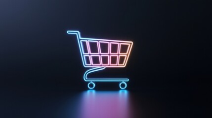 A sleek animation-style scene of a shopping cart icon filling with colorful items on a digital screen