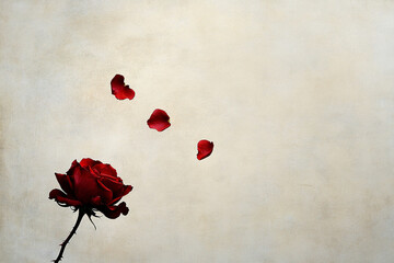 A single red rose with petals falling in the bottom-left corner of a pale background
