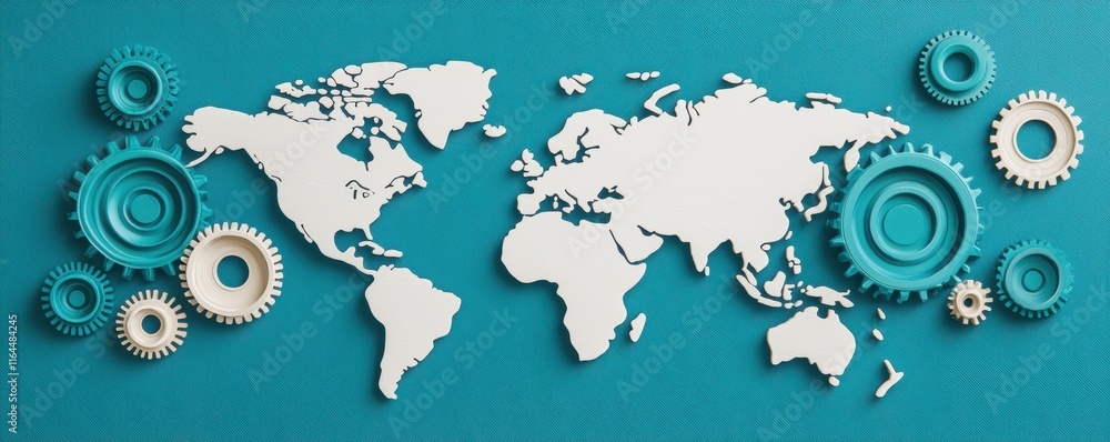 Poster abstract world map with gears on teal background for concepts