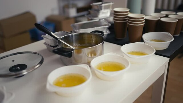 Hot meals and drinks ready to be served at a soup kitchen, refugee aid program