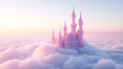 Pink castle nestled in clouds at sunset.