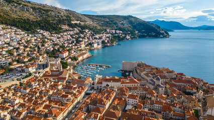 Dubrovnik, the UNESCO World Heritage city on the Adriatic coast of Croatia, captured from a drone,...