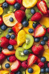 Obraz premium Freshly cut fruit creating a vibrant and healthy fruit salad, perfect for backgrounds and healthy eating visuals, vertical
