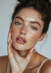 Naklejka premium Closeup Portrait of a Beautiful Woman Model with Healthy, Glowing Skin Care
