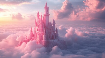 Pink castle on clouds at sunset.