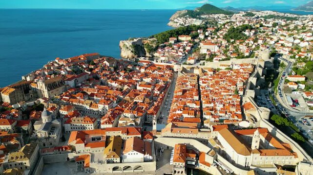 Dubrovnik, the UNESCO World Heritage city on the Adriatic coast of Croatia, captured from a drone, showcases its iconic medieval walls, historic old town, and stunning terracotta rooftops