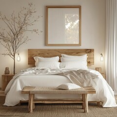 A bed with a wooden headboard and a white comforter. A wooden bench is next to the bed
