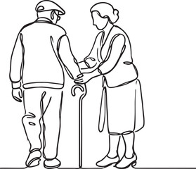 Grandpa and Grandma in Line Art. Supportive Moment with Walking Cane on White Background