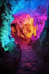 Stone path leading through a cave illuminated with colorful lights, creating a magical and surreal atmosphere, vertical