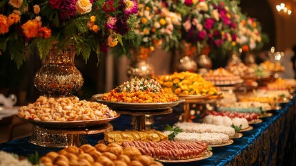 Fototapeta premium Luxurious buffet table with diverse food and floral arrangements.