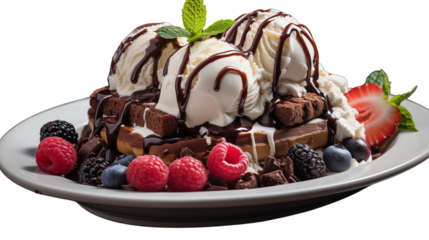 A warm brownie sundae topped with creamy vanilla ice cream and rich chocolate sauce, studio view, isolated on transparent background.