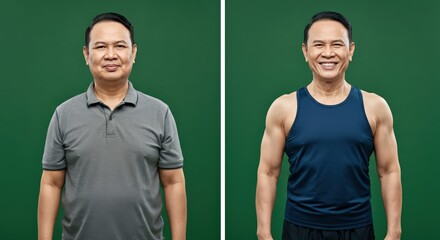 Inspiring asian male transformation before and after fitness journey on green background