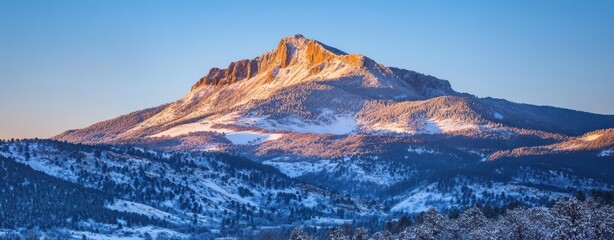 snowy mountain peak bathed in soft golden light