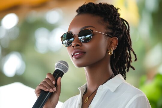 Young woman speaking confidently at outdoor event in sunglasses on sunny day - Powered by Adobe