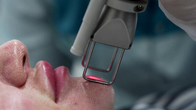 Beautician cosmetologist doing procedure fractional microneedle mesotherapy rejuvenation with laser technology. Hardware cosmetology in clinic salon for client.