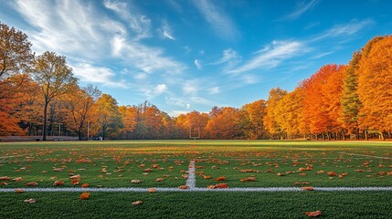 Autumnal football field surrounded by vibrant fall foliage under a bright sky.