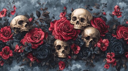 A decorative pattern featuring skulls intertwined with vibrant roses on a textured background.