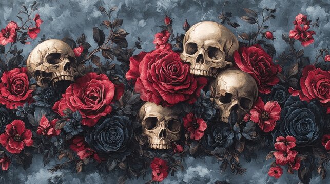 A decorative pattern featuring skulls intertwined with vibrant roses on a textured background.
