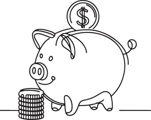 Piggy Bank Illustration with Dollar Coin in Line Art Style