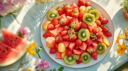 Fresh summer fruit salad on plate.