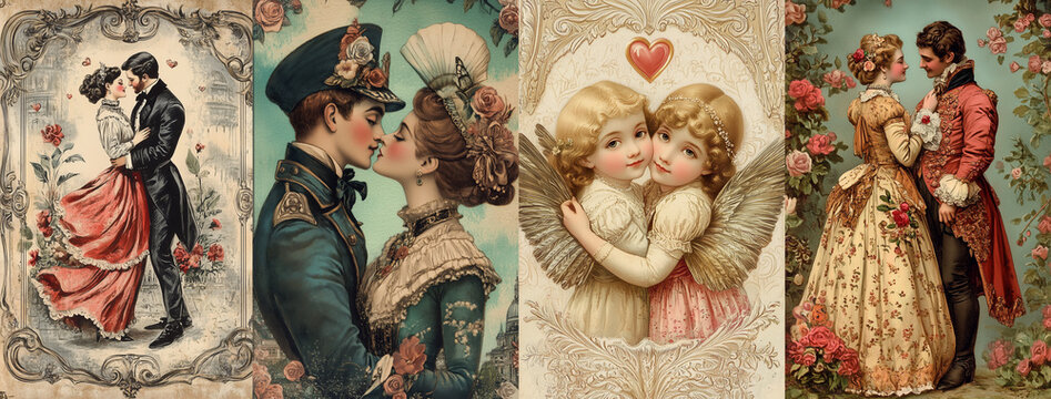 Collection set of vintage lovers with hearts, romantic victorian style old greeting cards, Valentine's day celebration