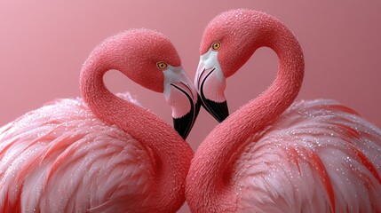 Naklejka premium Two pink flamingos forming a heart shape.