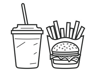 Fast Food Icon Fries, Burger & Drink in Black & White.