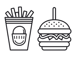 Fast Food Icon Fries, Burger & Drink in Black & White.