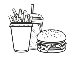 Fast Food Icon Fries, Burger & Drink in Black & White.