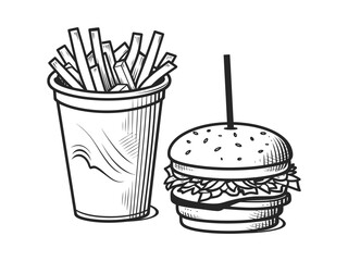 Fast Food Icon Fries, Burger & Drink in Black & White.