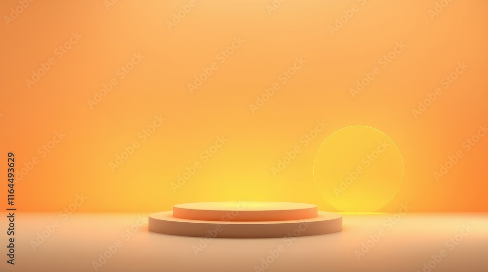 Poster a warm orange backdrop highlights a circular platform in a minimalistic setting, ideal for artistic 