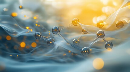 surreal design of floating molecular chains glowing in golden and silver light, surrounded by wispy translucent waves
