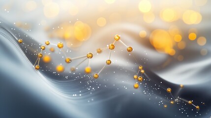 surreal design of floating molecular chains glowing in golden and silver light, surrounded by wispy translucent waves