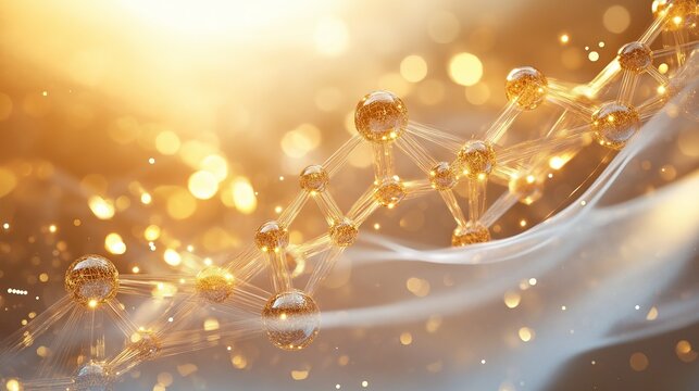 surreal design of floating molecular chains glowing in golden and silver light, surrounded by wispy translucent waves