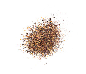 Dry black tea with hibiscus, fruits isolated. Raspberry seeds red tea, karkade flower leaves