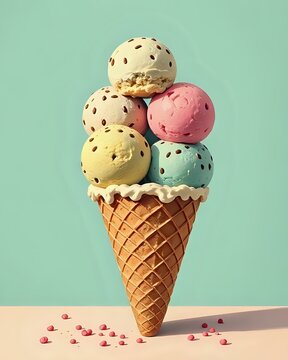 image d'un cornet de glace remplis de plusieurs boules de cr&egrave;me glac&eacute;e de diff&eacute;rents parfums