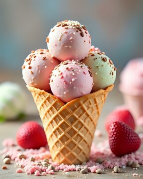 image d'un cornet de glace remplis de plusieurs boules de cr&egrave;me glac&eacute;e de diff&eacute;rents parfums