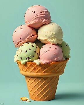 image d'un cornet de glace remplis de plusieurs boules de cr&egrave;me glac&eacute;e de diff&eacute;rents parfums