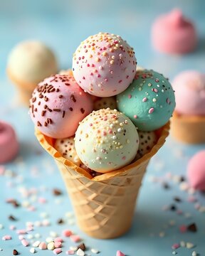 image d'un cornet de glace remplis de plusieurs boules de cr&egrave;me glac&eacute;e de diff&eacute;rents parfums