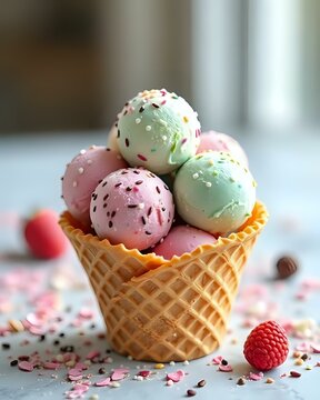 image d'un cornet de glace remplis de plusieurs boules de cr&egrave;me glac&eacute;e de diff&eacute;rents parfums