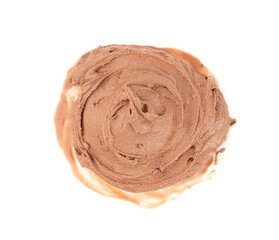 Melted chocolate ice cream isolated, real melting cocoa icecream drops, chocolate ice stain