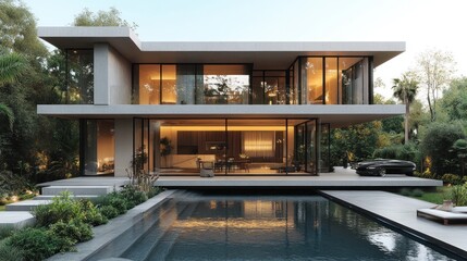 Fototapeta premium Modern luxury house with infinity pool at dusk.