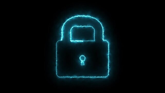 Glowing neon cyber security protection lock icon animation on black background. Cyber ​​security lock technology privacy concept.