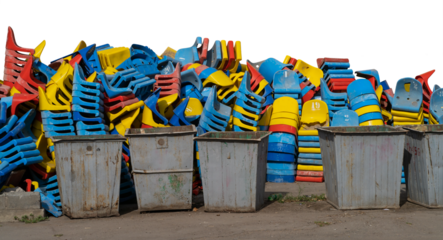 Plastic waste  collected for recycling, garbage bins. Old, used plastic furniture stacked for disposal and recycling. Pieces of colorful urban construction waste. isolated, transparent background.