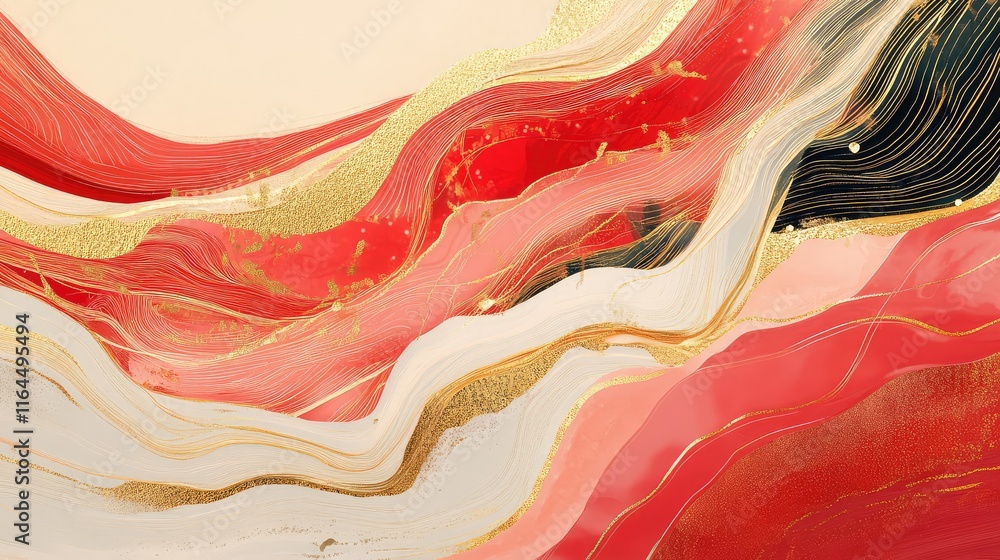 Poster minimalist chinese new year abstract art with flowing red and gold lines, creating a harmonious and 