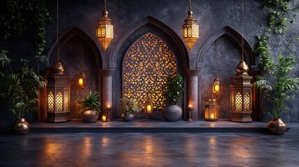 Illuminated Moorish archway with lanterns and plants.