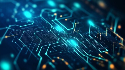vibrant, abstract background representing the interconnected networks of technology, with glowing circuits and geometric patterns in shades of blue and green