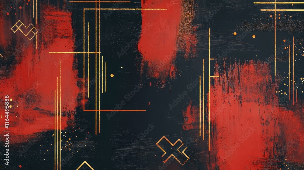 Poster minimalist chinese new year abstract design with sparse red brush strokes and golden geometric motif