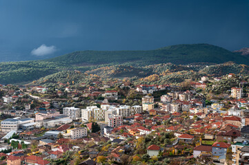 Fototapeta premium High angle panorama over the traditional village of Kruja, Albania